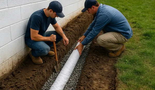 2 workers laying a pipe on a french drain ditch from EZ French Drain Installation in Arlington, TX - Arlington TX
