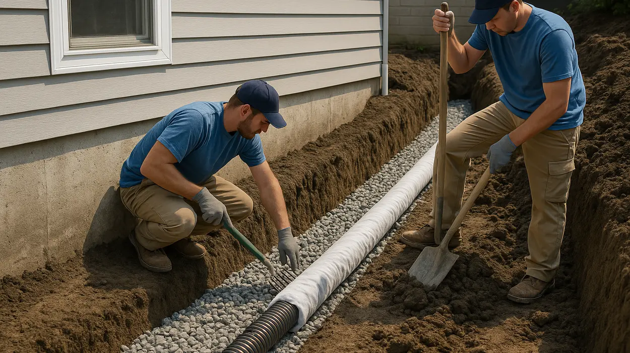 2 contractos working on a french drain project from EZ French Drain Installation in Fort Worth, TX - Commercial French Drain Services
