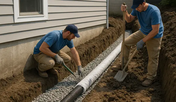 2 contractos working on a french drain project from EZ French Drain Installation in Fort Worth, TX - Commercial French Drain Services