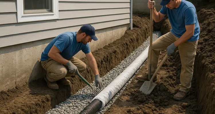 2 contractos working on a french drain project from EZ French Drain Installation in Fort Worth, TX - Commercial French Drain Services