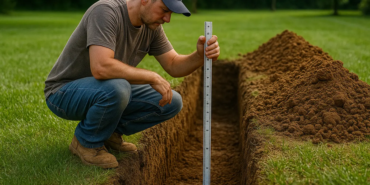 a french drain contractor measuring the depht of a ditch from EZ French Drain Installation in Dallas, TX - Dallas TX a french drain contractor measuring the depht of a ditch from EZ French Drain Installation in Dallas, TX - Dallas TX