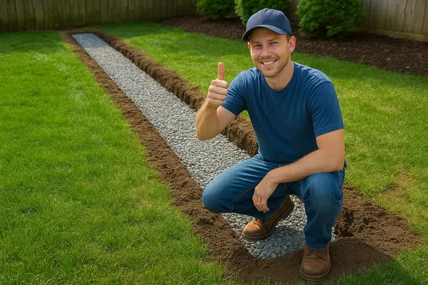 a french drain contractor squating giving a thumbs up from EZ French Drain Installation in Dallas, TX - Dallas TX a french drain contractor squating giving a thumbs up from EZ French Drain Installation in Dallas, TX - Dallas TX