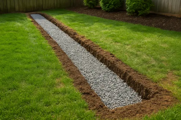 a gravel-filled ditch from EZ French Drain Installation in Dallas, TX - Dallas TX a gravel-filled ditch from EZ French Drain Installation in Dallas, TX - Dallas TX