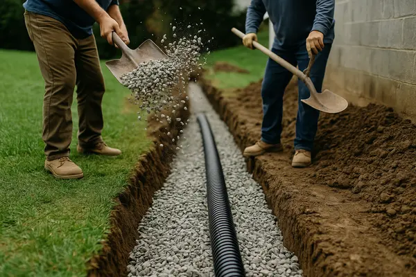 2 worker shoveling gravel in a ditch from EZ French Drain Installation in Fort Worth, TX - Driveway Landscaping