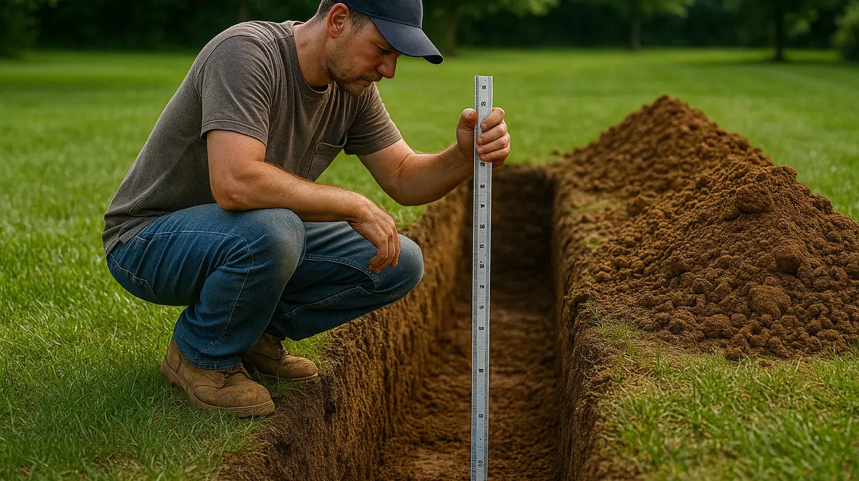 a french drain contractor measuring the depht of a ditch from EZ French Drain Installation in Fort Worth, TX - French Drain Design