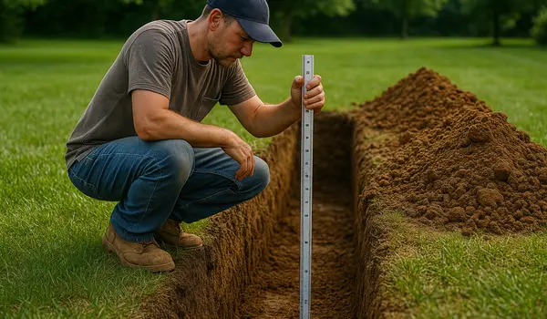 a french drain contractor measuring the depht of a ditch from EZ French Drain Installation in Fort Worth, TX - French Drain Design