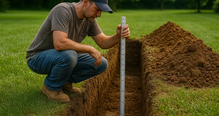 a french drain contractor measuring the depht of a ditch from EZ French Drain Installation in Fort Worth, TX - French Drain Design