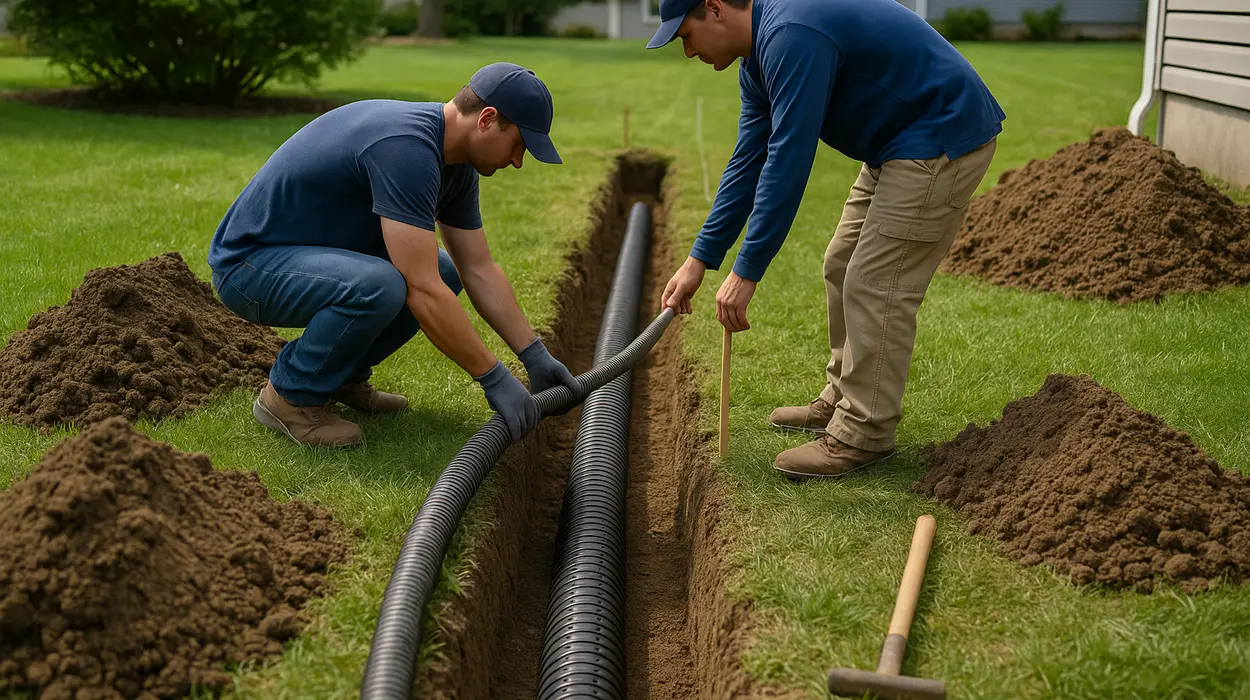 2 contractors laying pipes for a new french drain from EZ French Drain Installation in Fort Worth, TX french-drain-installation near me