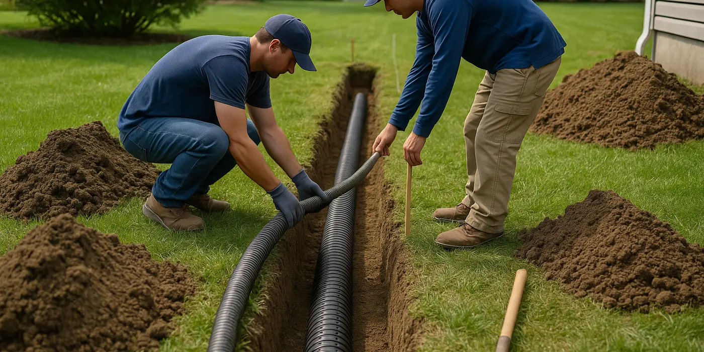 2 contractors laying pipes for a new french drain from EZ French Drain Installation in Fort Worth, TX french-drain-installation near me