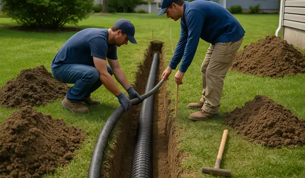 2 contractors laying pipes for a new french drain from EZ French Drain Installation in Fort Worth, TX french-drain-installation near me