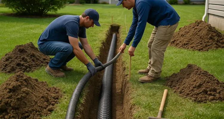 2 contractors laying pipes for a new french drain from EZ French Drain Installation in Fort Worth, TX french-drain-installation near me