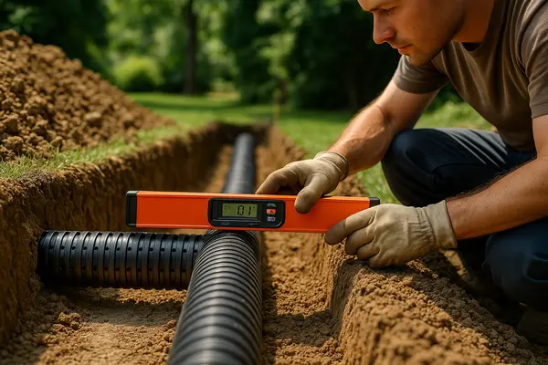 a contractor leveling a french drain pipe from EZ French Drain Installation in Fort Worth, TX  french-drain-installation near me