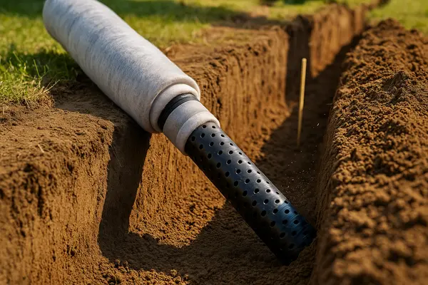a french drain pipe in a dirt ditch from EZ French Drain Installation in Fort Worth, TX  french-drain-installation near me