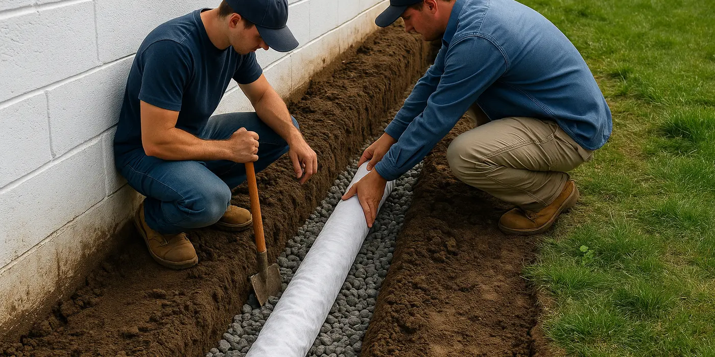 2 workers laying a pipe on a french drain ditch from EZ French Drain Installation in Fort Worth, TX - French Drain Replacement