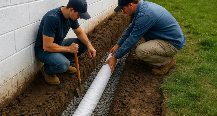 2 workers laying a pipe on a french drain ditch from EZ French Drain Installation in Fort Worth, TX - French Drain Replacement