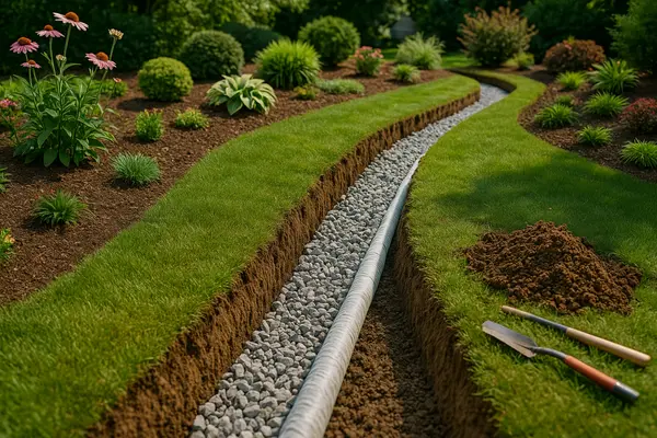 a pipe laid in a recent dug ditch from EZ French Drain Installation in Irving, TX - Irving TX