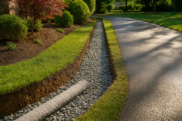 a ditch filled with gravel and a pipe laying in it from EZ French Drain Installation in Irving, TX - Irving TX