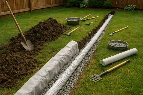 a pipe in a french drain ditch with some tools laying arround from EZ French Drain Installation in Irving, TX - Irving TX