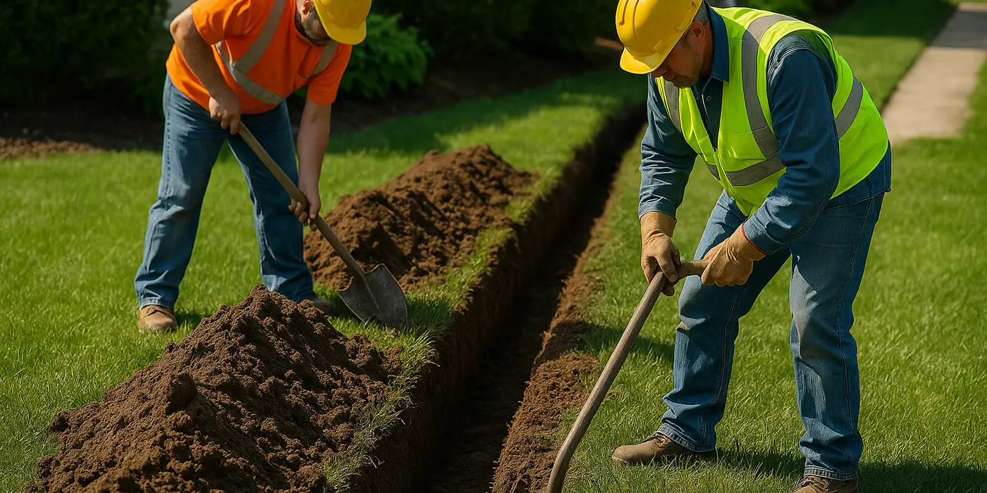 2 workers digging a ditch from EZ French Drain Installation in Fort Worth, TX - Landscaping Design