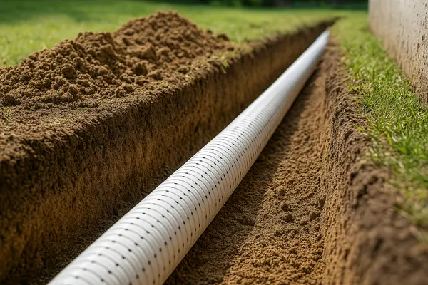 a perforated pipe laid on a ditch from EZ French Drain Installation in Fort Worth, TX - Landscaping Design