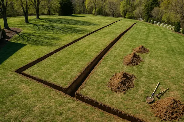 a ditch in a backyard for a french drain project from EZ French Drain Installation in Fort Worth, TX - Landscaping Design