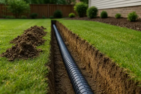 a pipe laying in a ditch from EZ French Drain Installation in Fort Worth, TX - Landscaping Design
