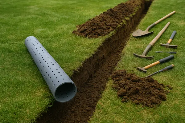 a ditch with a pipe and some tools laying around from EZ French Drain Installation in Fort Worth, TX - Landscaping Design