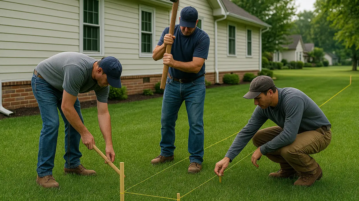 3 workers marking where to dig a french drain ditch from EZ French Drain Installation in North Richland Hills, TX - North Richland Hills TX