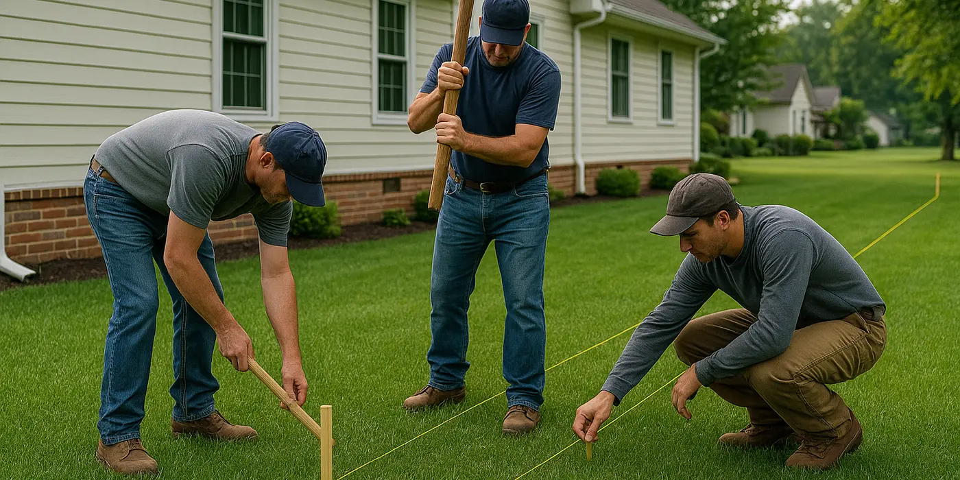 3 workers marking where to dig a french drain ditch from EZ French Drain Installation in Fort Worth, TX - Outdoor Draignage Solutions