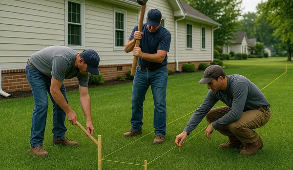 3 workers marking where to dig a french drain ditch from EZ French Drain Installation in Fort Worth, TX - Outdoor Draignage Solutions