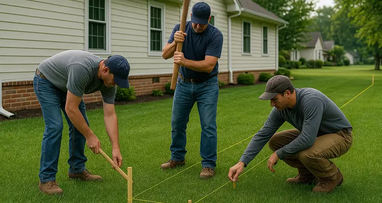 3 workers marking where to dig a french drain ditch from EZ French Drain Installation in Fort Worth, TX - Outdoor Draignage Solutions