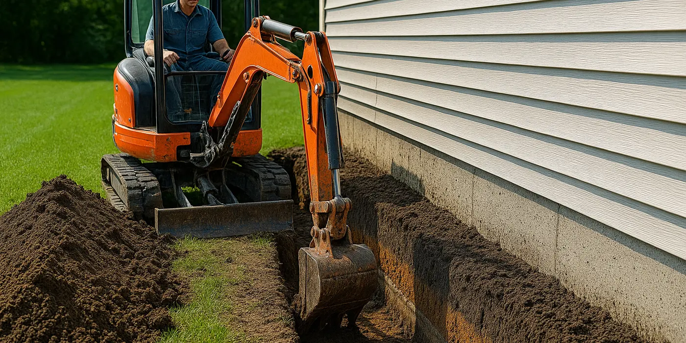 a worker with an excavator digging a ditch from EZ French Drain Installation in Fort Worth, TX - Retaining Wall Installation
