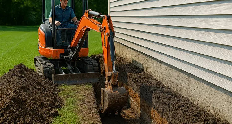 a worker with an excavator digging a ditch from EZ French Drain Installation in Fort Worth, TX - Retaining Wall Installation