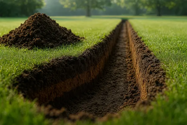 a ditch seen from an upclose angle from EZ French Drain Installation in Fort Worth, TX - Retaining Wall Installation