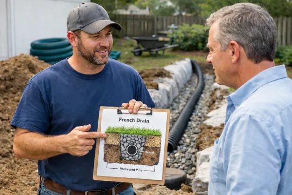 a french drain contractor talking to a customer from EZ French Drain Installation in Fort Worth, TX - Retaining Wall Installation
