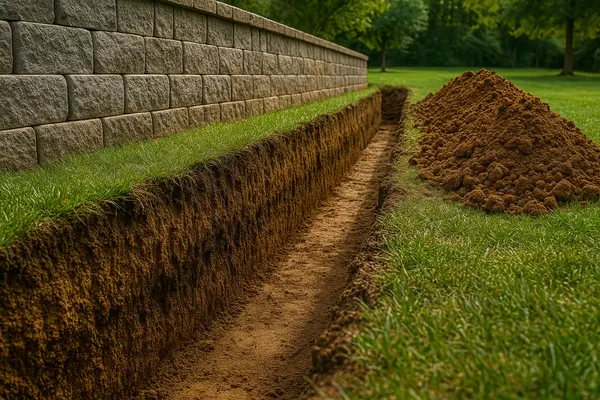 a ditch next to a retaining wall from EZ French Drain Installation in Fort Worth, TX - Retaining Wall Installation
