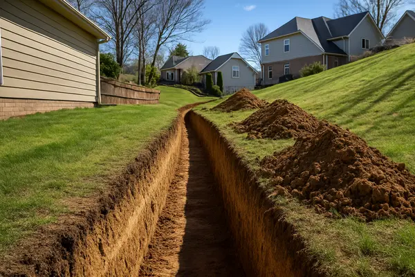 a large ditch ready for a french drain project from EZ French Drain Installation in Fort Worth, TX - Retaining Wall Installation